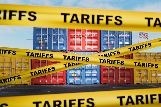 Cargo containers blocked by yellow caution tape with TARIFFS text. Concept of USA international trade barriers, global economy sanctions, customs duties, import restrictions, and trade wars.