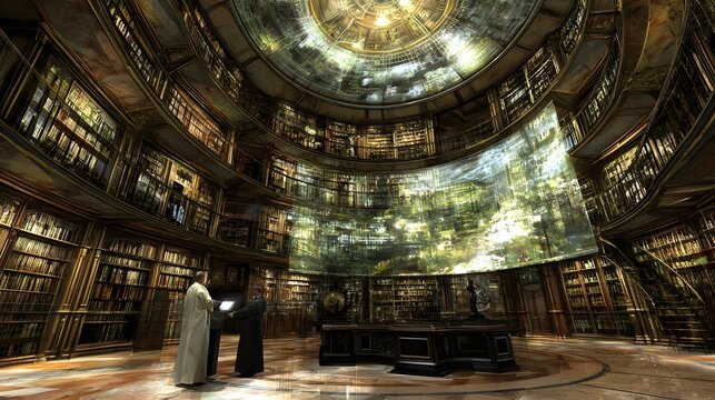 of the future filled with endless illuminated shelves and interactive learning displays
