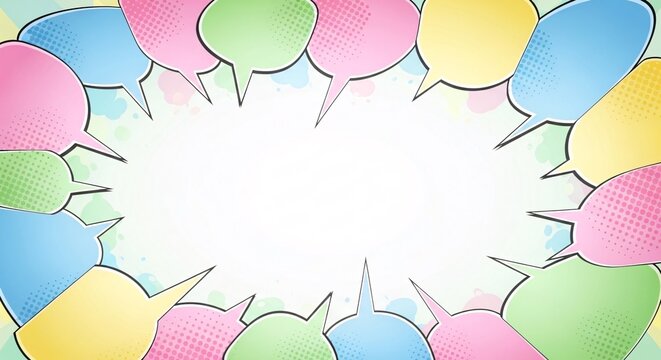 Colorful speech bubbles surrounding a blank white space for text or message in a vibrant and lively communication themed background design for presentations or advertising