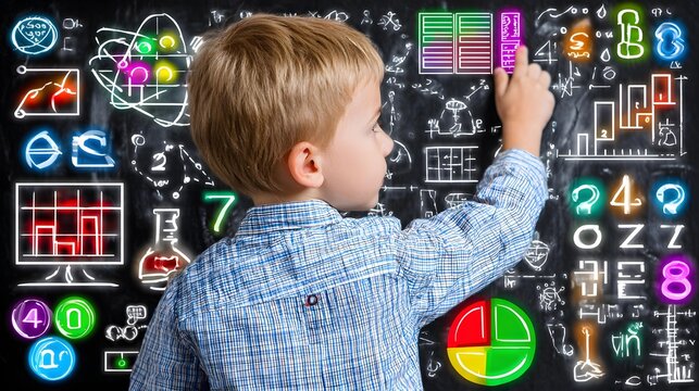 toward floating letters and numbers representing early education and imagination