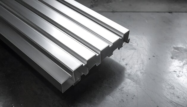 Close-up of a long, metallic extrusion with a unique grooved design on a dark surface, highlighting the metal's texture