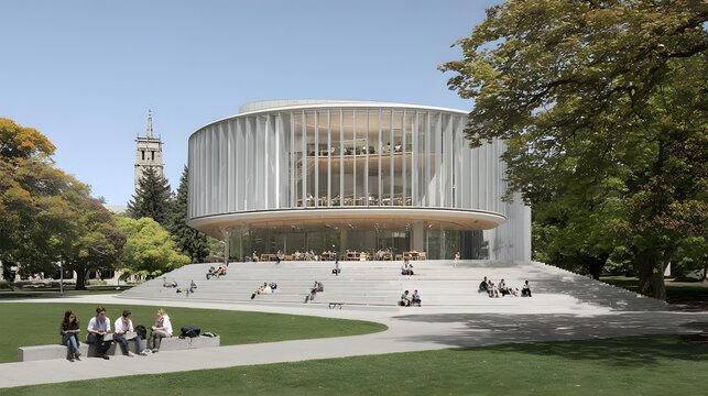 campus with transparent architecture and students collaborating using advanced technology
