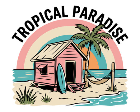 Tropical paradise. Beach club. Endless summer artwork. Tropical vintage design for t shirt print. Surf shack on the beach. Summer vacation.