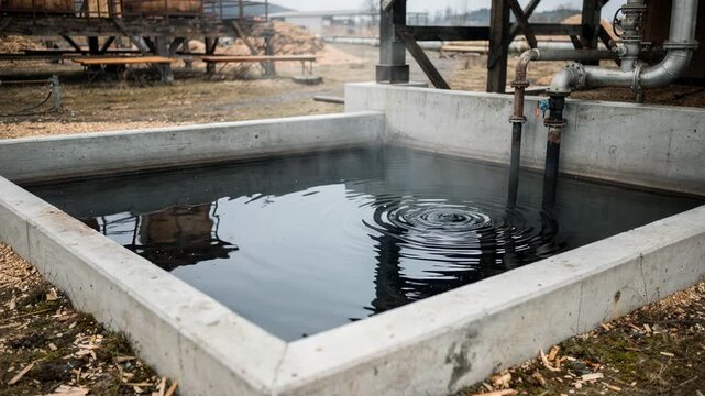 Medium shot of a freshly filled wood tar collection pit with dark viscous tar visibly settling in a clean contained basin during industrial processing