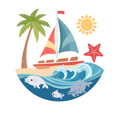Obraz premium Summer sailboat scene with dolphins, palm tree, and sun