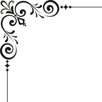 Elegant Vintage Corner Ornament Vector, Black Baroque Filigree Swirl Border Design