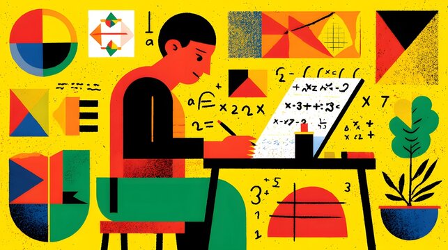 scene with student surrounded by floating equations and geometric shapes