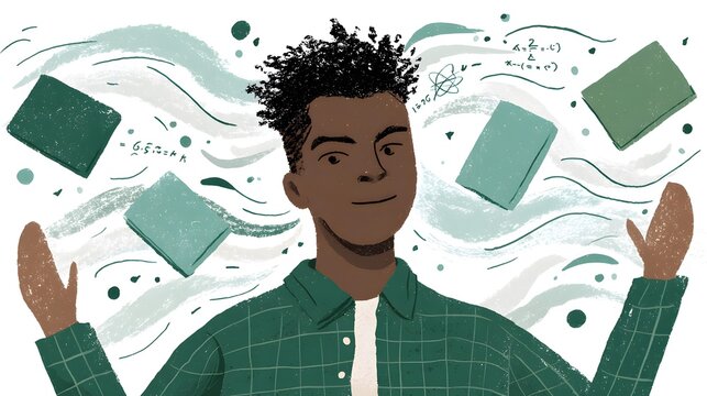 concept with student surrounded by floating books, equations, and creative science visuals