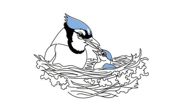 Mother blue jay feeding baby, nest illustration, bird parents, wildlife scene, animal family