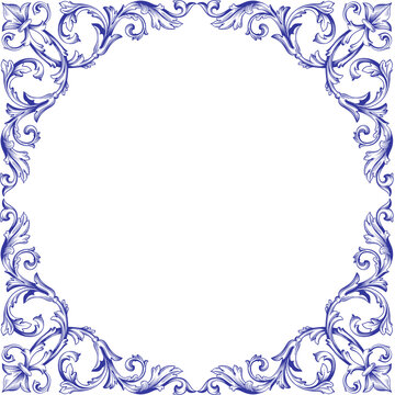 Elegant Blue and White Baroque Frame with Ornate Vintage Scrollwork Border Design