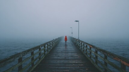 Obraz premium Person walking on foggy pier