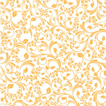 Elegant Yellow Floral Seamless Pattern with Ornate Scrollwork and Damask Flowers on White Background