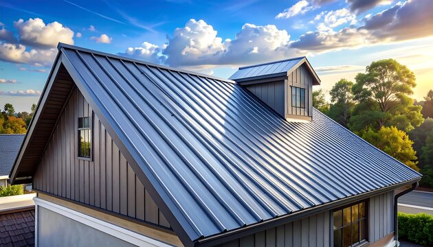 Close-up of a modern home featuring a sleek, dark metal roof and a dormer window under a bright, sunny sky