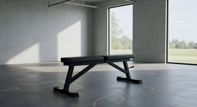 Modern black adjustable weight bench in a contemporary fitness center. Stationary piece of gym equipment with natural light streaming in through large windows.