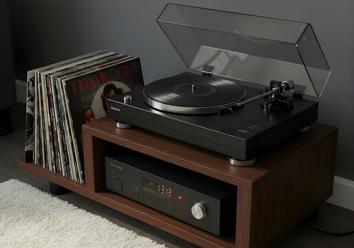 Modern vinyl record player and audio equipment displayed on a dark wood stand with a stack of records in the background.