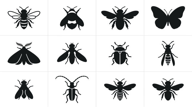 A clean silhouette icon set featuring 12 pollinator insects including honey bee, bumblebee, carpenter bee, butterfly, moth, hoverfly, beetle, wasp, flower fly, longhorn beetle, sweat bee, and 