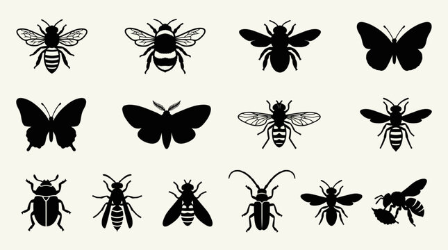 A clean silhouette icon set featuring 12 pollinator insects including honey bee, bumblebee, carpenter bee, butterfly, moth, hoverfly, beetle, wasp, flower fly, longhorn beetle, sweat bee, and 