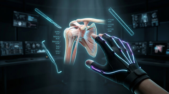 Luminous light filaments and translucent meshes are manipulated via fiber optic textile interfaces within a volumetric holographic medical workspace.