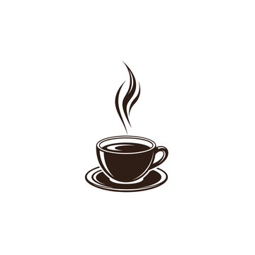 Steaming coffee cup on saucer, hot beverage, simple illustration.
