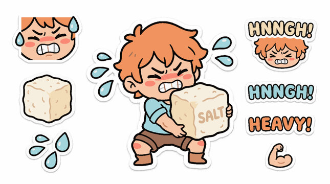 Cute cartoon boy struggling to lift a heavy block of salt sticker set illustration.