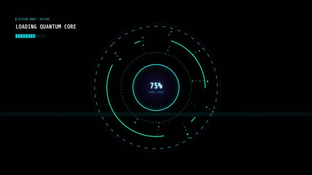 Futuristic digital interface displaying a loading quantum core with a circular progress bar at 75 percent