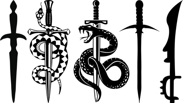 Set of Black and White Dagger and Snake Silhouette Vectors for Tattoo and Graphic Design