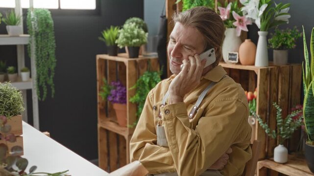 Man florist holds smartphone to ear in studio among potted plants and wooden crates, wearing apron and suspenders; thoughtful.