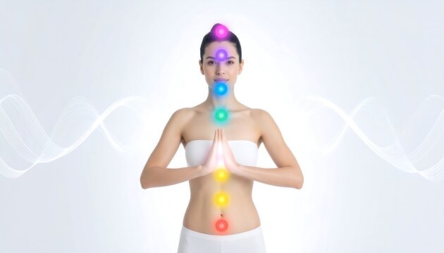 Woman meditating with glowing chakra points, hands together, calm against a white, softly waving background