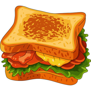 Toasted BLT Sandwich Illustration with Bacon, Cheese, and Lettuce Isolated on White Background
