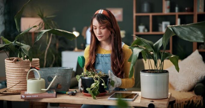 Soil, check and plants with woman in home for gardening, ph level meter or horticulture hobby. Eco friendly test, sustainability or growth tools with person in house for botanical maintenance