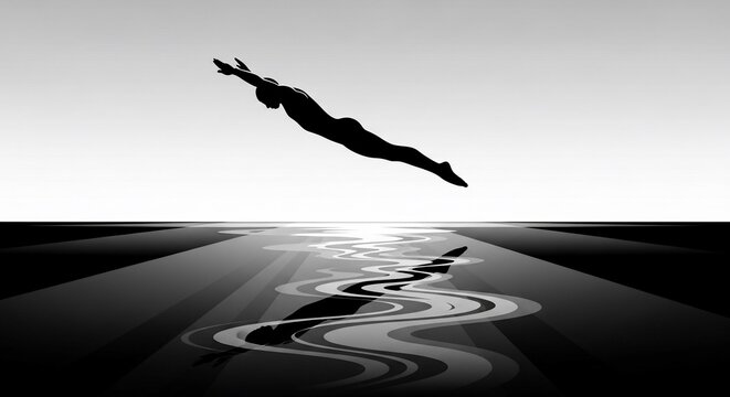Silhouette diver plunging into water with reflection, high contrast, minimalist, athletic, freedom.