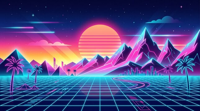 Retro Wave Landscape with Glowing Neon Sunset and Mountain Peaks on Cybernetic Grid Background