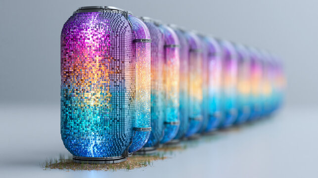 Vibrant futuristic server farm with data assembly and liquid cooling, ideal for technology concept backgrounds.