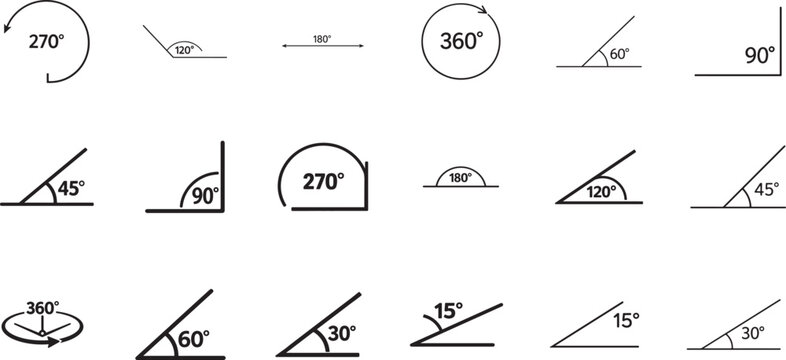 Angle measurement set showing acute and right angles with degree values for geometry education.