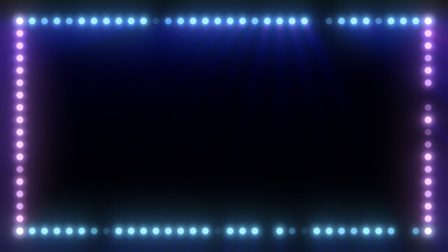 Futuristic blue and purple neon light frame with glowing dotted border and dark copy space for digital or stage background.