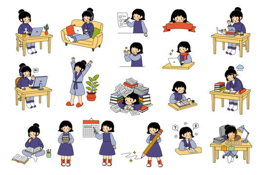Cute Student Girl Daily Activity Collection Hand Drawn Kawaii Cartoon Study and Work Illustration Set