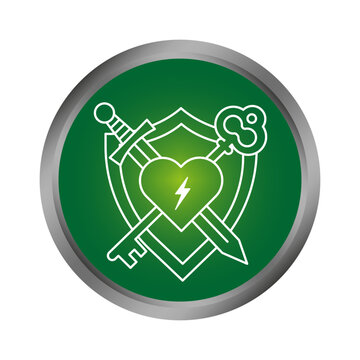 Green shield security button features crossed sword key vector shape. Safety emblem visualizes ecological defense and complements eco.
