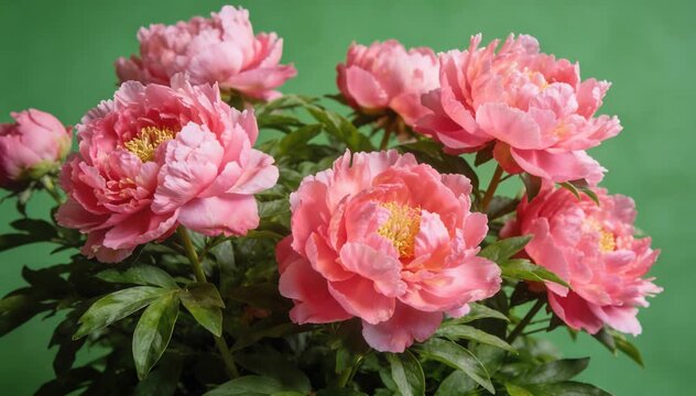 Close up of lush coral pink peonies blooming with vibrant green leaves and a soft green background in natural daylight highlighting delicate petals and yellow stamens