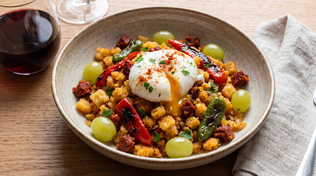 Colorful bowl of traditional migas with poached egg and fresh vegetables on rustic wooden table