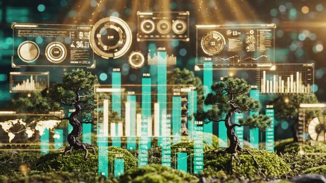 Miniature Trees with Digital Graph Overlays Creating a Futuristic Landscape Scene