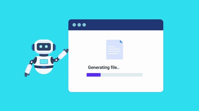 Animated robot assistant presenting a file generation interface with progress indicator and document icon. Looping motion graphic ideal for file creation, processing, and technology concepts.
