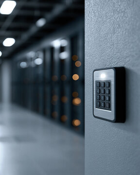 Secure keypad mounted on a wall in a data center hallway. Rows of server racks glow softly in the background. Cool tones and clean lines reflect modern tech infrastructure