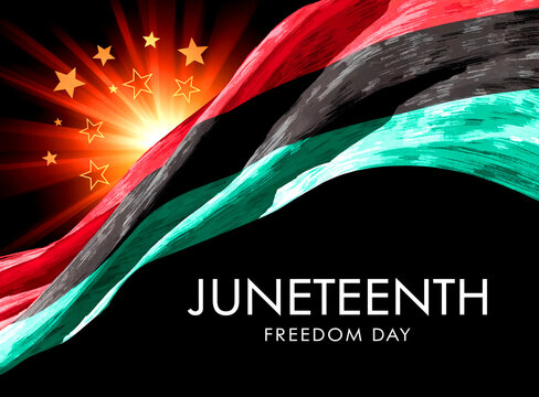 Juneteenth Freedom Day celebration with vibrant ribbon and glowing stars background