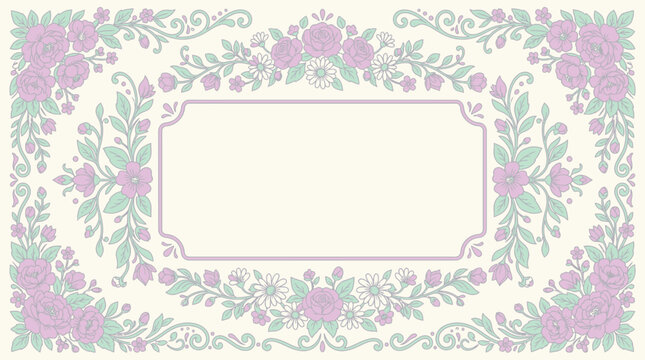 Elegant vintage floral frame with pastel roses and lush green leaves, a beautiful decorative border ideal for wedding invitations, greeting cards, or gentle text backgrounds