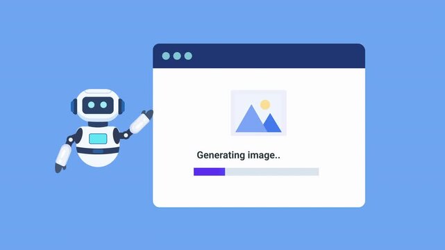 Animated robot assistant presenting an image generation interface with progress indicator and picture icon. Looping motion graphic ideal for creative technology, media production, and digital workflow
