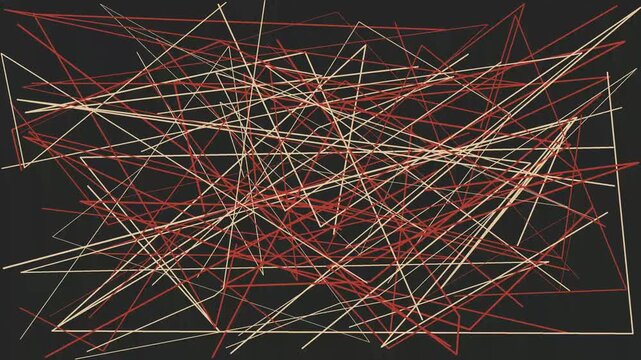 Abstract background featuring chaotic network of straight lines moving in dark environment.