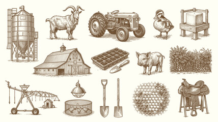 Vintage hand drawn engraving style vector illustration of farm animals and agricultural elements including cow sheep horse tractor and barn house. © bow
