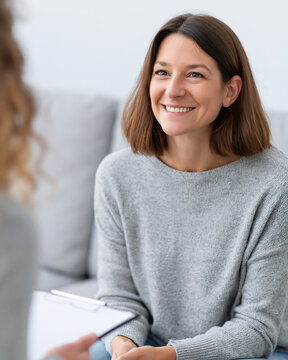 Warm smile meets calm eyes in therapy session. Soft lighting highlights gentle, reassuring presence. Sitting close, woman shows trust and comfort. Ideal for mental health, counseling