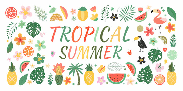 Tropical fruit and foliage vector illustration with white background