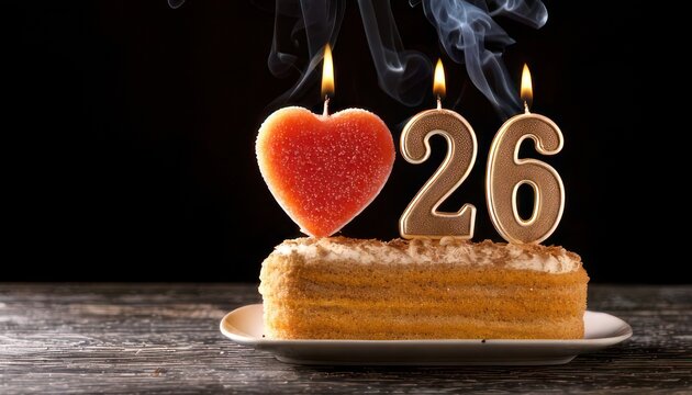 Celebratory 26th Birthday Cake with Heart Candle and Number Candles.